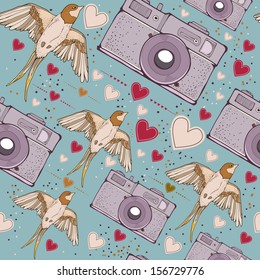 Retro seamless with camera and birds