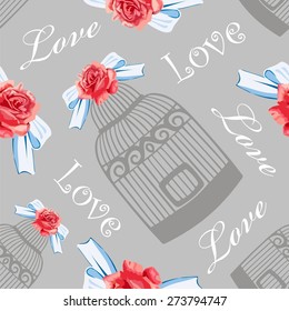 Retro seamless card design vintage roses, bird cage.Shabby Chic style, Provence be used for wallpaper,registration of weddings, decoupage, label, print on t-shirt, book cover, scrapbook 