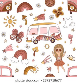 Retro seamless children's pattern. Fun vector illustration in groove style with outline with girls. Mushrooms, van, rainbow, peace, eyes, sun, stars, crescent, lightning