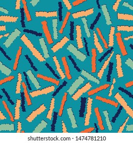 Retro seamless confetti pattern. Made from my original collage artwork. Retro color palette, mint, turquoise, orange, blue.