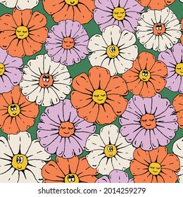 Retro seamless daisy flowers floral pattern with smile emoji face for girl - kids fabric wallpaper