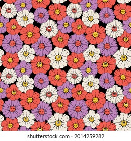 Retro seamless daisy flowers floral pattern with smile emoji face for girl - kids fabric wallpaper