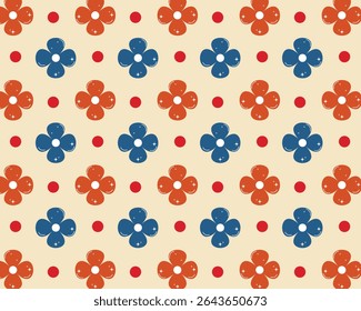 Retro Nahtloses Blumenmuster - Blau und Rot Vintage Style. Farbiges Retro-Blumenmuster mit Blumen auf cremefarbenem Hintergrund.
