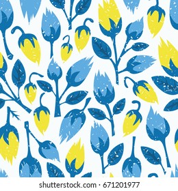 Retro seamless floral pattern. Blue flowers on white background