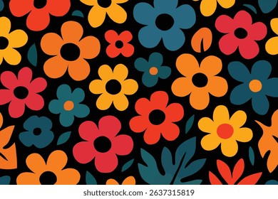 Retro seamless floral pattern with bold and bright flowers on a dark background
