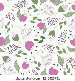 Retro seamless floral pattern with flowers and leaves in pink, green and purple