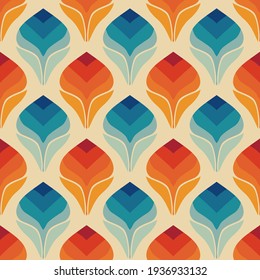 Retro seamless flower pattern design - orange and blue toned nostalgic repeat background for textile, wallpaper, and wrapping paper