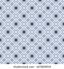 Retro seamless geometric floral pattern in blue, fabric repeating texture.