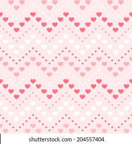 Retro seamless geometric pattern. Color hearts and dots on pink textured background