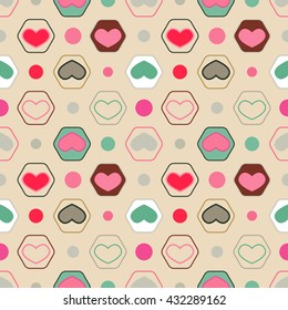 Retro seamless geometric pattern with hearts. Vector repeating texture. Stylish valentines background.
