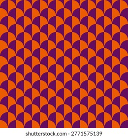 A retro, seamless geometricpattern with orange and purple fish scale shapes. This stylish design has a spooky, minimalist Halloween vibe, perfect for festive backgrounds and textiles.