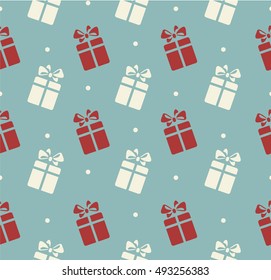 Retro Seamless Gift pattern.Red and white gift boxes on blue background.
