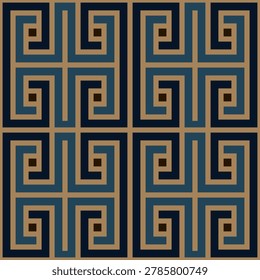 Retro Seamless Greek Key Labyrinth Pattern Vector Background in Navy Blue, Deep Teal, Dark Brown and Muted Gold Geometric Tile Design for Wallpaper, Textile and Packaging