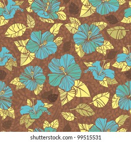 retro Seamless hibiscus pattern. brown, yellow, blue.repeating floral pattern