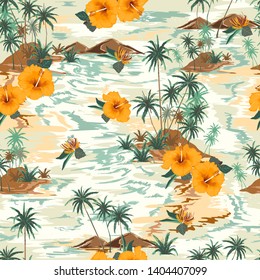 Retro seamless island pattern Landscape with palm treeshibicus,flowers,beach and ocean vector hand drawn style on beige color background.