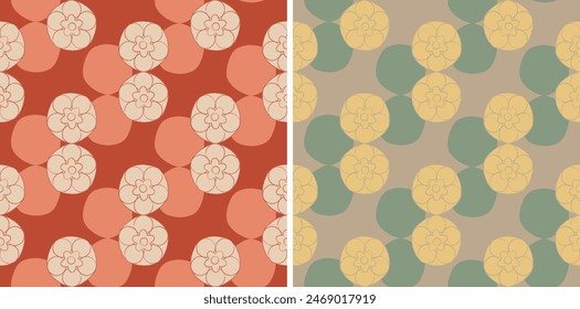 Retro seamless Japanese plum blossom pattern, minimal line art and circle element for textile and gift wrapping