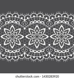 Retro seamless lace vector design - detailed vector wedding lace pattern with flowers and swirls, symmetric ornament. Repetitive lace motif, old style decoration in white on gray background
