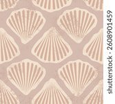 Retro seamless marine pattern of beige sea shells. Vintage geometric pattern of shells in 60s style.