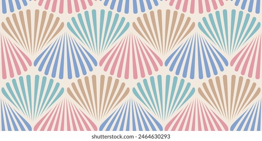 Retro seamless marine pattern with colorful shells. Vintage geometric pattern of shells in 60s style.