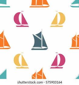 Retro seamless models of the bright ships, sailing vessels, boats and yachts. Vector illustrations for sea design. Sea subject for background wall-paper. Cartoon silhouette shape wrapping pattern