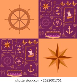  Retro seamless patchwork pattern in sunset colors. Ship, seaweed frame, fish, compass, wheel, anchor on orange and purple background. Beautiful fabric print. Seaside vacation.