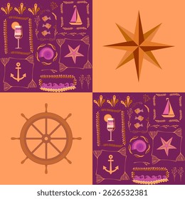 Retro seamless patchwork pattern in sunset colors. Yachts, cocktail, seaweed frame, fish, compass, steering wheel, anchor on orange and purple background. Beautiful marine fabric print.