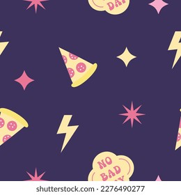 Retro seamless pattern with 1990s stickers. Positive vector wallpaper on a dark blue background