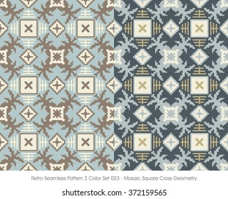 Retro Seamless Pattern 2 Color Set_023 Mosaic Square Cross Geome