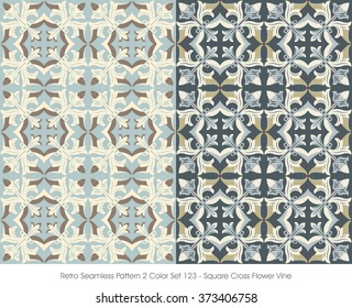 Retro Seamless Pattern 2 Color Set_123 Square Cross Flower Vine
