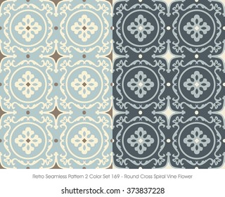 Retro Seamless Pattern 2 Color Set_169 Round Cross Spiral Vine Flower
