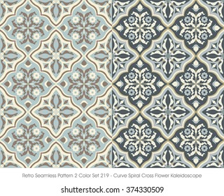 Retro Seamless Pattern 2 Color Set_219 Curve Spiral Cross Flower Kaleidoscope
