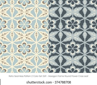 Retro Seamless Pattern 2 Color Set_269 Hexagon Frame Round Flower Cross Leaf
