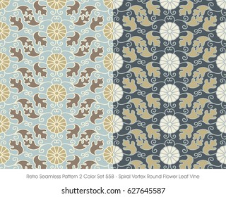 Retro Seamless Pattern 2 Color Set Spiral Vortex Round Flower Leaf Vine