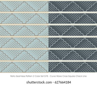 Retro Seamless Pattern 2 Color Set Curve Wave Cross Square Check Line
