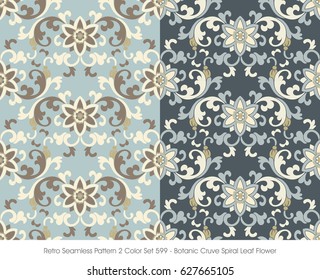 Retro Seamless Pattern 2 Color Set Botanic Curve Spiral Leaf Flower