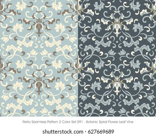 Retro Seamless Pattern 2 Color Set Botanic Spiral Flower Leaf Vine