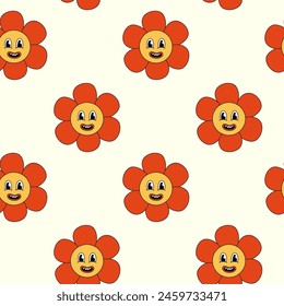 Retro Seamless Pattern 70s 60s 80s Hippie Groovy cute Red Flower. Smiling face. Flower power. Vector flat illustration.