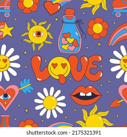 Retro Seamless Pattern With 70s, 80s, 90s Vibes Groovy Elements. Stickers Nostalgia Love, Cartoon Funky Daisy Flowers, Sun, Roller Skates, Broken Heart, Lips On Purple Background. Vector Illustration