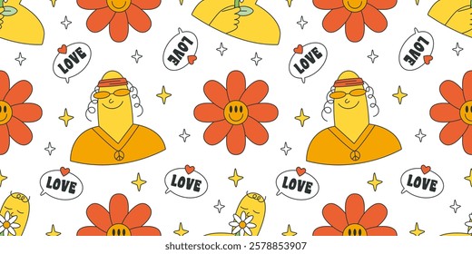 Retro seamless pattern with 70s, 80s, 90s vibes groovy elements and characters. Vintage psychedelic background for design and print..