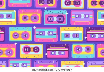 Retro seamless  pattern of 80s-90s with different colorful audio cassettes.  Music disco background. Vector illustration