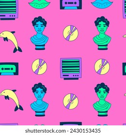 Retro seamless pattern with 90s cartoon elements. Modern colorful Y2k endless background in doodle style with nostalgic symbols and acid neon colors. Vaporwave and synthwave aesthetic. Vector