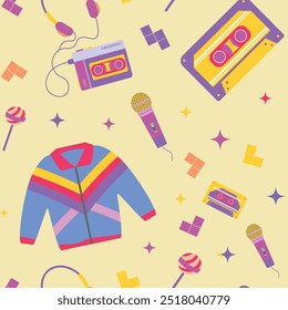 Retro seamless pattern. 90s pattern with cute trendy bright multicolor elements. Vector illustration.