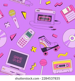 Retro seamless pattern with 90s items elements. Vintage style old pc, cassette, roller skate, audio player, cd, phone vector illustration. Pop art wallpapers, textile and wrapping print