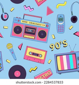 Retro seamless pattern with 90s music elements. Vintage style boombox, tape, vinyl, tv, microphone, phone and geometric shapes vector illustration. Memphis style. Textile and wrapping print