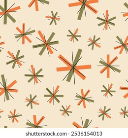 Retro seamless pattern with abstract starry shapes and lines o  beige background