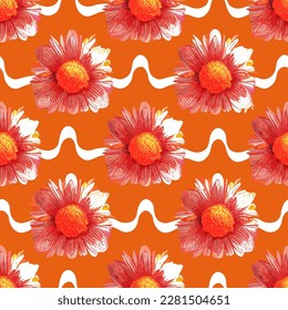Retro seamless pattern, abstract waves and daisy flowers 70s style vector background, vintage 80s textile design