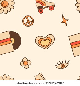 Retro seamless pattern with retro analog vinyl record, roller skate, peace sign, heart and smiling flower. Vintage background with 70s 80s nostalgia comic style elements. Vector illustration.