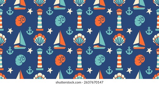 Retro seamless pattern with anchors, shells, and lighthouses in a navy blue palette. Great for fabric, wallpapers, children's designs, and marine-themed packaging