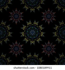 Retro seamless pattern antique style acanthus. Blue, yellow and green vintage baroque ornament. Vector illustration. Decorative design element filigree calligraphy.