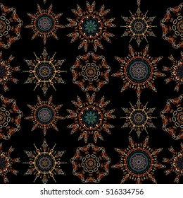 Retro seamless pattern antique style acanthus. Decorative design element filigree calligraphy. Orange, neutral and blue vintage baroque ornament. Vector illustration.